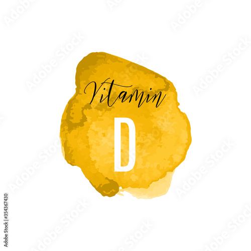 Vitamin D watercolor logo. Yellow ink splash, brush stroke, spot with hand drawn lettering icon, vector illustration. Meds for heath ads, treatment cold flu fresh concept. Modern calligraphy badge.