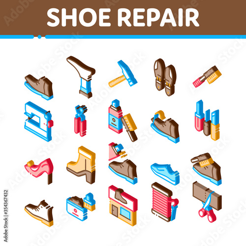 Shoe Repair Equipment Icons Set Vector. Isometric Shoes Repair Tools And Scissors, Sewing Machine And Hammer, Cream And Brush Illustrations