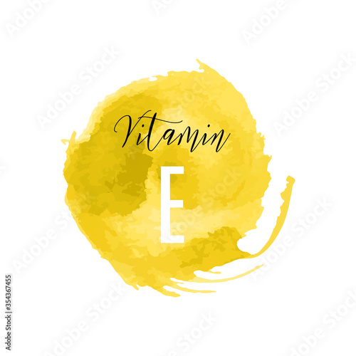Vitamin E watercolor logo. Yellow ink splash, brush stroke, spot with hand drawn lettering icon, vector illustration. Meds for heath ads, skin care complex fresh concept. Modern calligraphy badge.