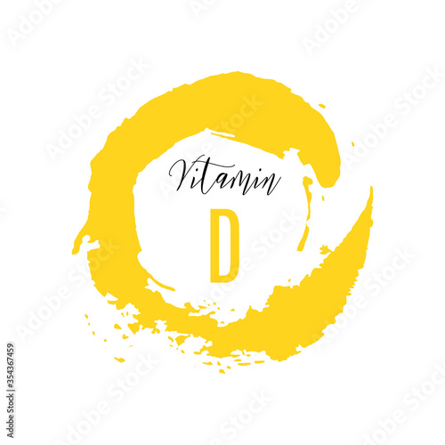 Vitamin D watercolor logo. Yellow ink splash, brush stroke, spot with hand drawn lettering icon, vector illustration. Meds for heath ads, treatment cold flu fresh concept. Modern calligraphy badge.