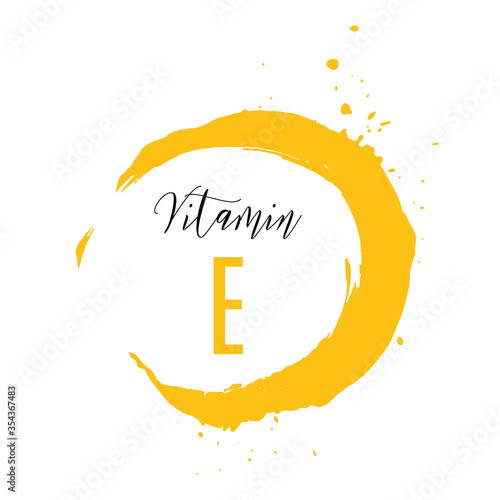 Vitamin E watercolor logo. Yellow ink splash, brush stroke, spot with hand drawn lettering icon, vector illustration. Meds for heath ads, skin care complex fresh concept. Modern calligraphy badge.