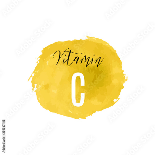 Vitamin C watercolor logo. Yellow ink splash, brush stroke, spot with hand drawn lettering icon, vector illustration. Meds for heath ads, treatment cold flu fresh concept. Modern calligraphy badge.