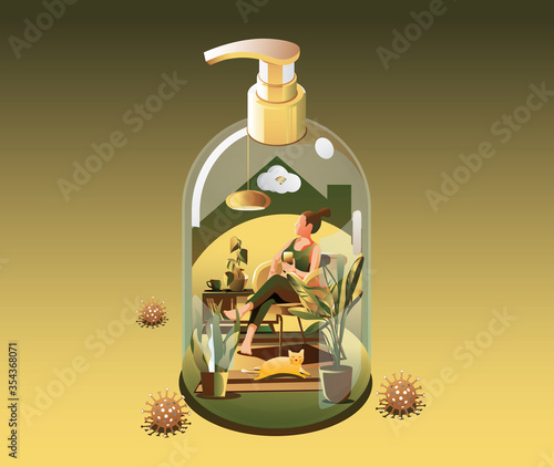 Staying at Home Quarantine concept. Coronavirus, 
woman use a smartphone, indoors. in a house transform to gel alcohol bottle on green background with many viruses surrounded. Vector