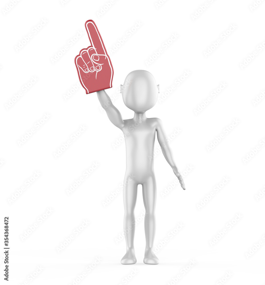 3d man have a Fan Foam Hand in one hand on white background. 3d illustration 3d man have a Fan Foam Hand in one hand on white background. 3d illustration