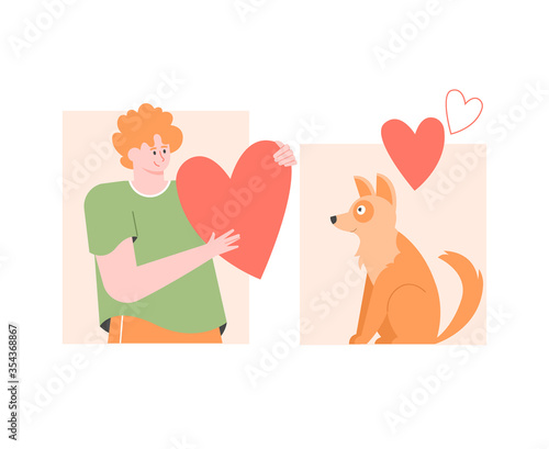 Male character with a heart and a fluffy cute dog. Adopting a new friend from the shelter. The owner and his pet. Vector flat illustration.