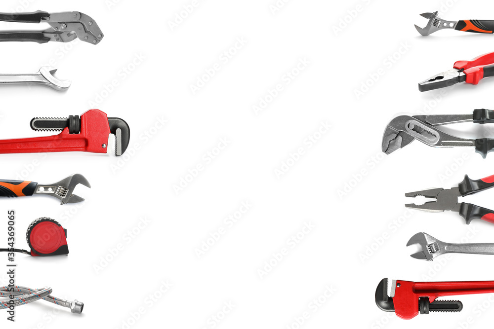 Set with plumber's tools on white background Set with plumber's tools on white background