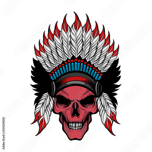 American Indian Skull Vector illustration. Angry Warrior Face Design for tshirt, emblem, banner and poster. 