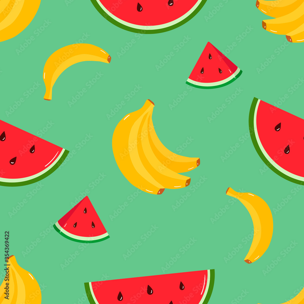 Seamless vector pattern with bananas and watermelons. Bright summer design. Colored background. Pattern with tropical fruits. Seamless vector pattern with bananas and watermelons. Bright summer design. Colored background. Pattern with tropical fruits.