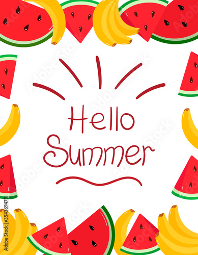 Banner with the text Hello summer, with watermelon and bananas. Tropical fruit, vector illustration. Bright summer design