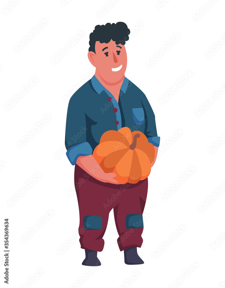 Happy man gardener or farmer with pumpkin in hand on a white background. Cartoon character of man farming concept illustration. Design element of a private farm Happy man gardener or farmer with pumpkin in hand on a white background. Cartoon character of man farming concept illustration. Design element of a private farm