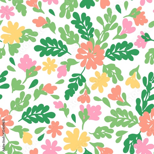 Seamless vector floral repeat pattern with colorful spring summer flowers in pink, blush and yellow with green branches, leaves and twigs