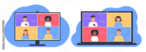 Video conference. People talking online. Laptop and computer monitor with app interface for online communication. People stay at home. Online meeting friends.