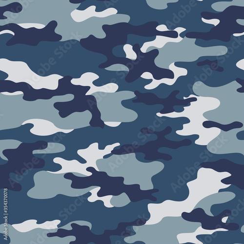  Blue military camouflage seamless pattern classic background on textile. Ornament. Modern