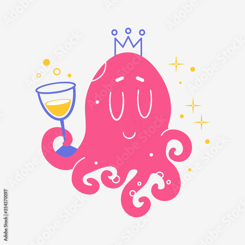 Octopus with a glass of wine. Print for t-shirt, Notepad, banner Vector. Cartoon. Isolated art