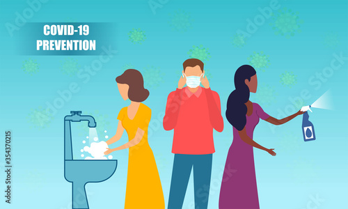 Vector of people washing hands, wearing a face mask and spraying sanitiser