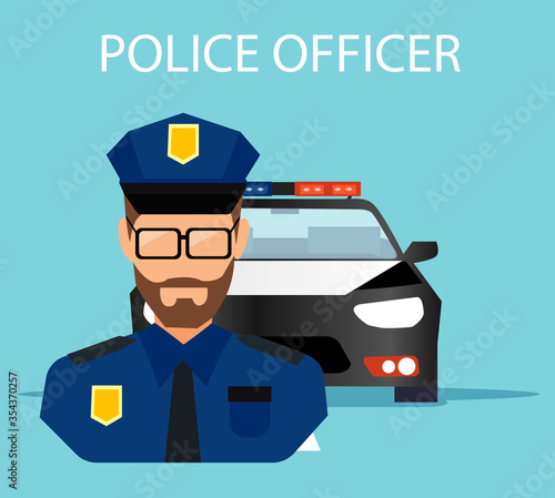 Vector of a police officer with a service car on a background.