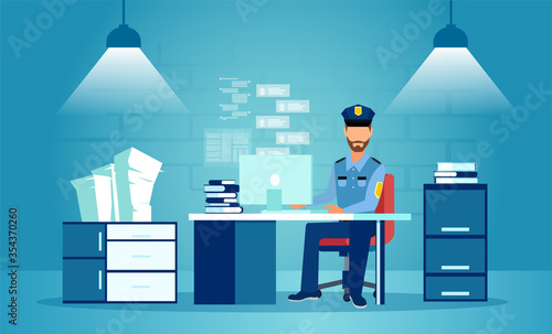 Vector of a busy male police officer sitting in his office at a police station