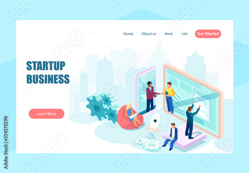 Vector web page design for website of businesspeople working, collaborating on a technology project
