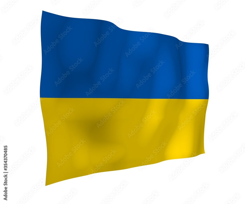 The flag of Ukraine on a white background. National flag and state ensign. Blue and yellow bicolour. 3D illustration waving flag The flag of Ukraine on a white background. National flag and state ensign. Blue and yellow bicolour. 3D illustration waving flag
