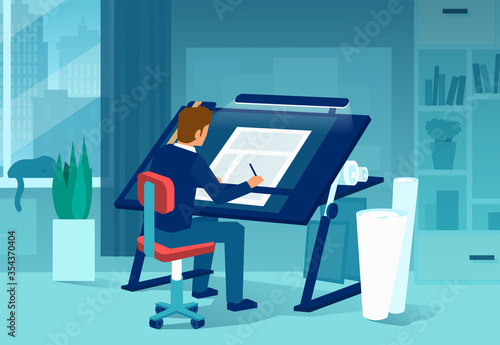 Vector of an architect drafting a new project in his office