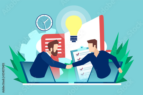 Vector of a two business men communicating online having agreement and shaking hands.