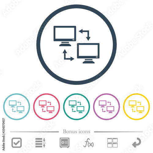 Data syncronization flat color icons in round outlines