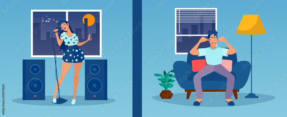 Vector of a noisy neighbor singing karaoke and playing loud music at night