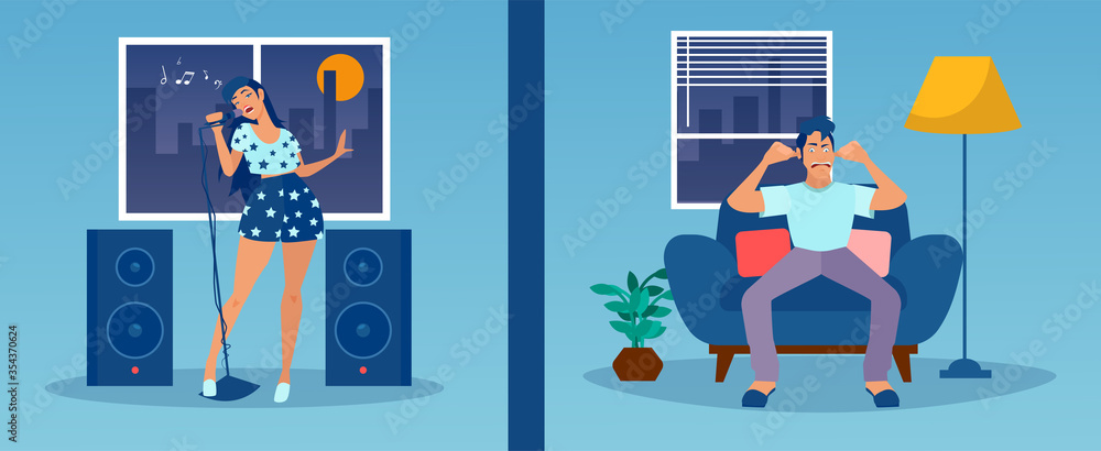 Vector of a noisy neighbor singing karaoke and playing loud music at night Vector of a noisy neighbor singing karaoke and playing loud music at night