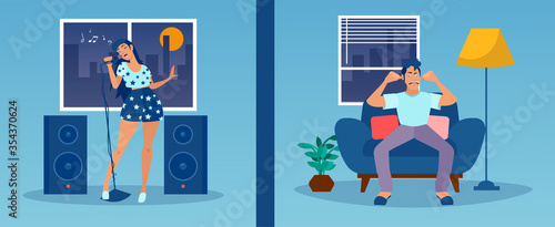 Vector of a noisy neighbor singing karaoke and playing loud music at night