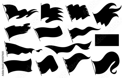 Black flags silhouettes icons signs isolated on white background for infographic. Vector illustration