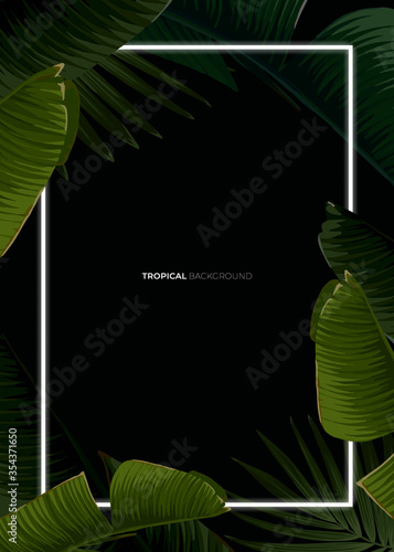 Dark tropical summer design with banana palm leaves, glowing frame and space for text. Vector flyer, banner or card template. Summer vector background.