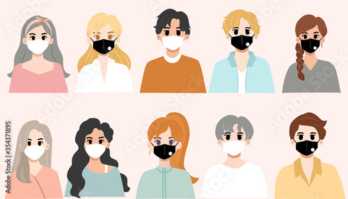 Collection of young people wearing medical masks and N95 to prevent disease, coronavirus risk, flu, pm2.5 and world pollution. Flat cartoon vector illustration set.