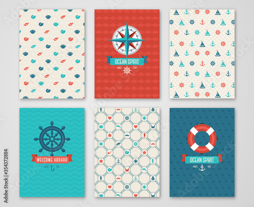 Summer Banners Set Concept. Pattern and Labels with Nautical Symbols. Vector illustration. Marine Symbols. Save the Date Cards Design in Cute Marine Style. Compass, Wheel.