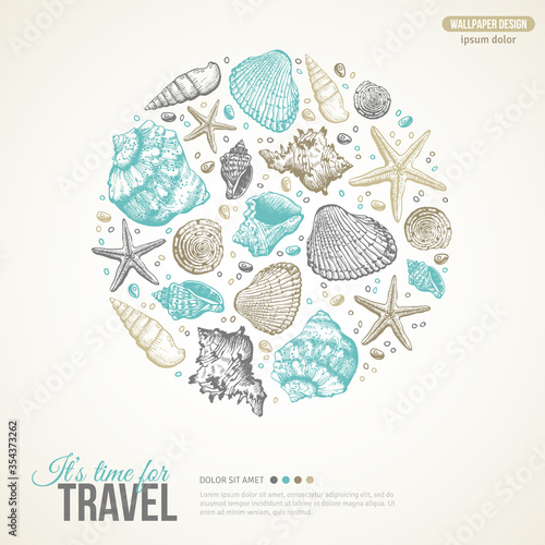 Summer Sea Shells Concept. Vector Background with Seashells, Sea Star and Sand. Hand Drawn Etching Style. Place for Text. Cute Postcard Design.