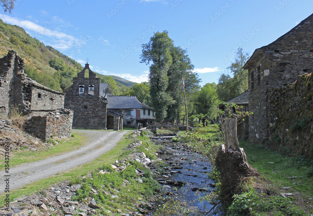 The traditional village of Primout in the Cantabrian mountain range, province of León, northwest of Spain