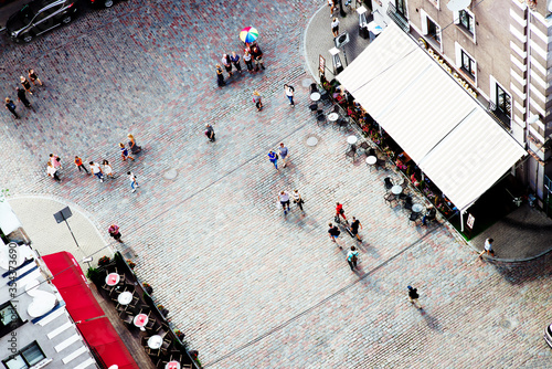 Riga, Latvia - August 07, 2018. View from the observation deck of St. Peter's Church in Riga. City square top view.