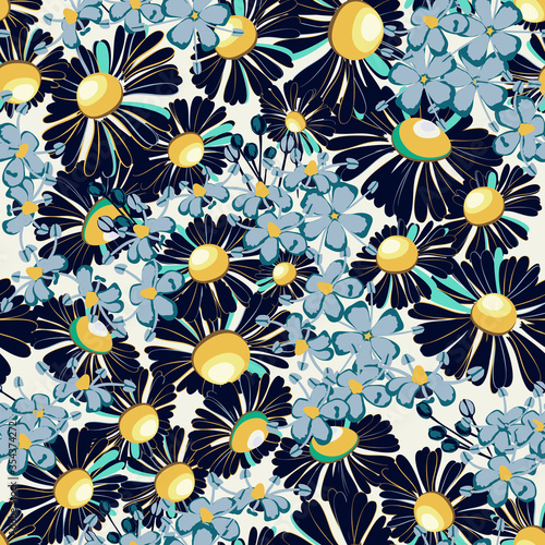 Bright background with chamomile flower and small wildflowers.
