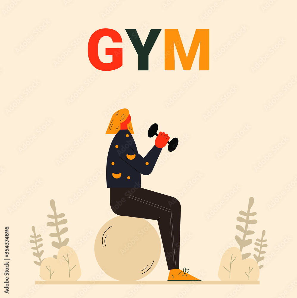 Young girl doing sports and exercise vector flat style illustration. Working out concept. Gym workouts. Healthy lifestyle. Fitness girl doing sports activities. Active lifestyle. Fitness workouts Young girl doing sports and exercise vector flat style illustration. Working out concept. Gym workouts. Healthy lifestyle. Fitness girl doing sports activities. Active lifestyle. Fitness workouts