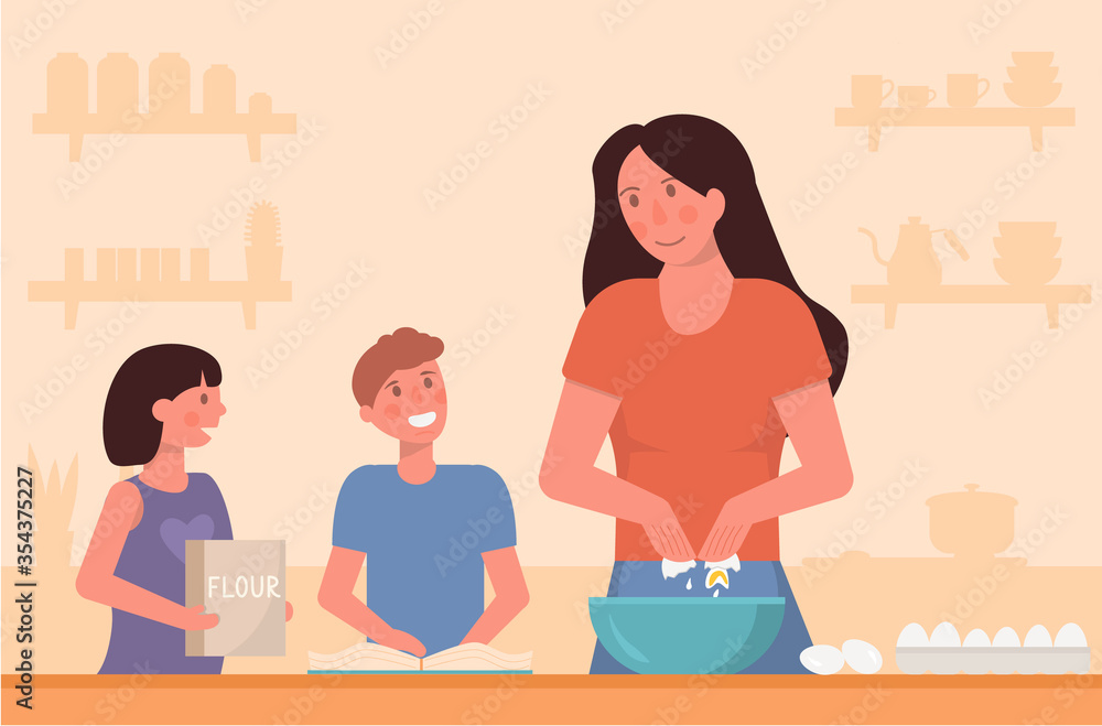 A concept of mother cooking with kids. Children helping on kitchen baking, preparing a meal together during quarantine. A concept of mother cooking with kids. Children helping on kitchen baking, preparing a meal together during quarantine.