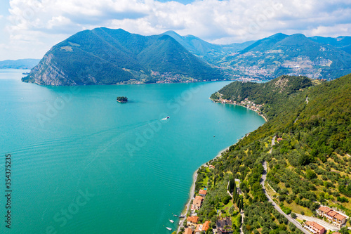 Lake Iseo, Italy, Monte Isola, aerial view of the island of San Paolo and the Ottofredi Castle
