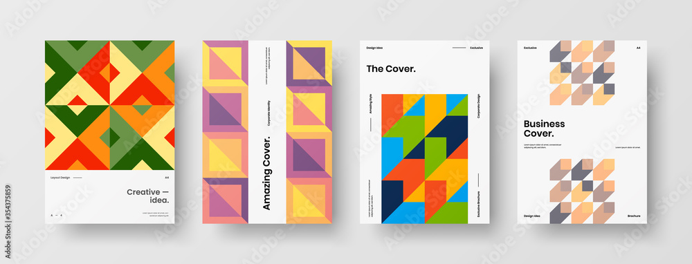 Fototapeta premium Company identity brochure template collection. Business presentation vector A4 vertical orientation front page mock up set. Corporate report cover abstract geometric illustration design layout bundle.
