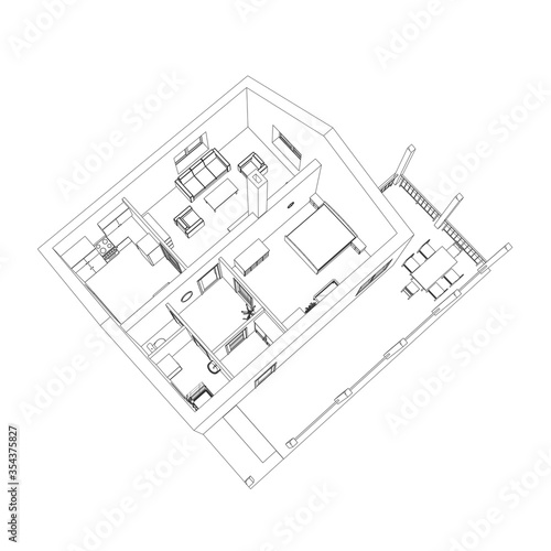 3D floor plan suburban house. Vector sketch. Apartment interior - top view. Architectural 3D design.