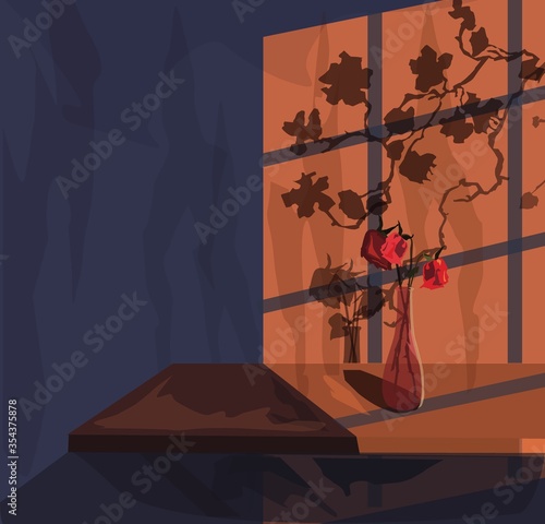 Empty room with shadow from window. A vase of dried roses, as a reminder of the absence of life. Vector