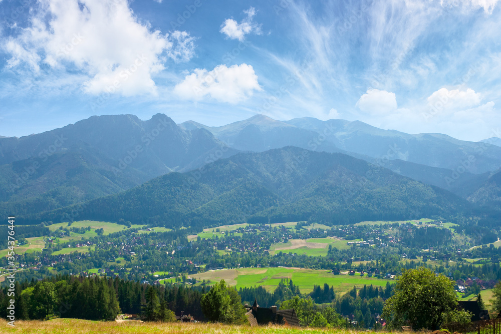 zakopane summer landscape. beautiful view from gubalowka in to the distant tatra  mountains. popular travel destination of poland. sunny weather with puffy clouds above the magnificent ridge