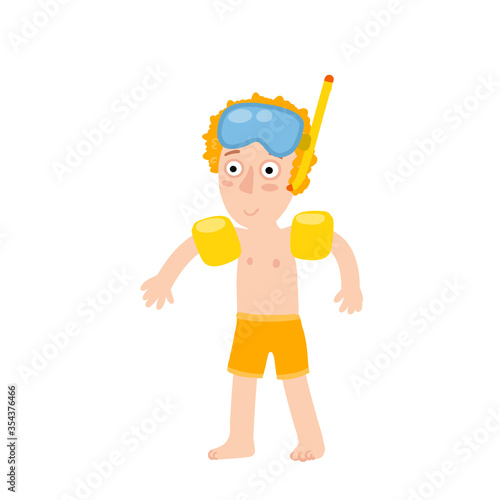 Boy in inflatable armbands learns to swim. Red hair Child plays in water. Mask for underwater diving. Summer holiday or vacation at sea. Cartoon flat illustration