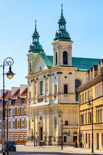 Facade of Pauline Order Church of Holy Spirit - kosciol sw. ducha - at Freta street in historic New Town quarter of Warsaw, Poland photo