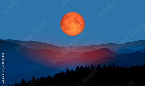 Bloody moon of Total Lunar Eclipse with blue mountains 