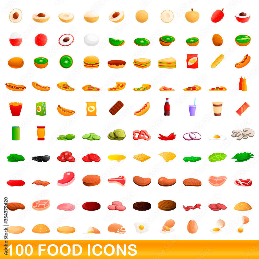 Plakat 100 food icons set. Cartoon illustration of 100 food icons vector set isolated on white background