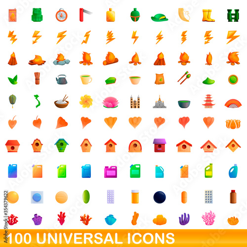100 universal icons set. Cartoon illustration of 100 universal icons vector set isolated on white background