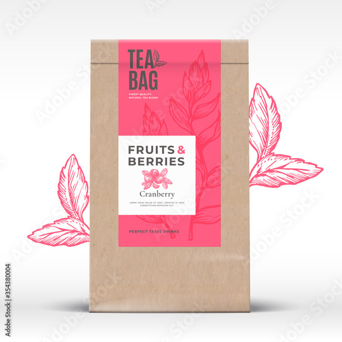 Craft Paper Bag with Fruit and Berries Tea Label. Abstract Vector Packaging Design Layout with Realistic Shadows. Modern Typography, Hand Drawn Cranberry Silhouettes Background.